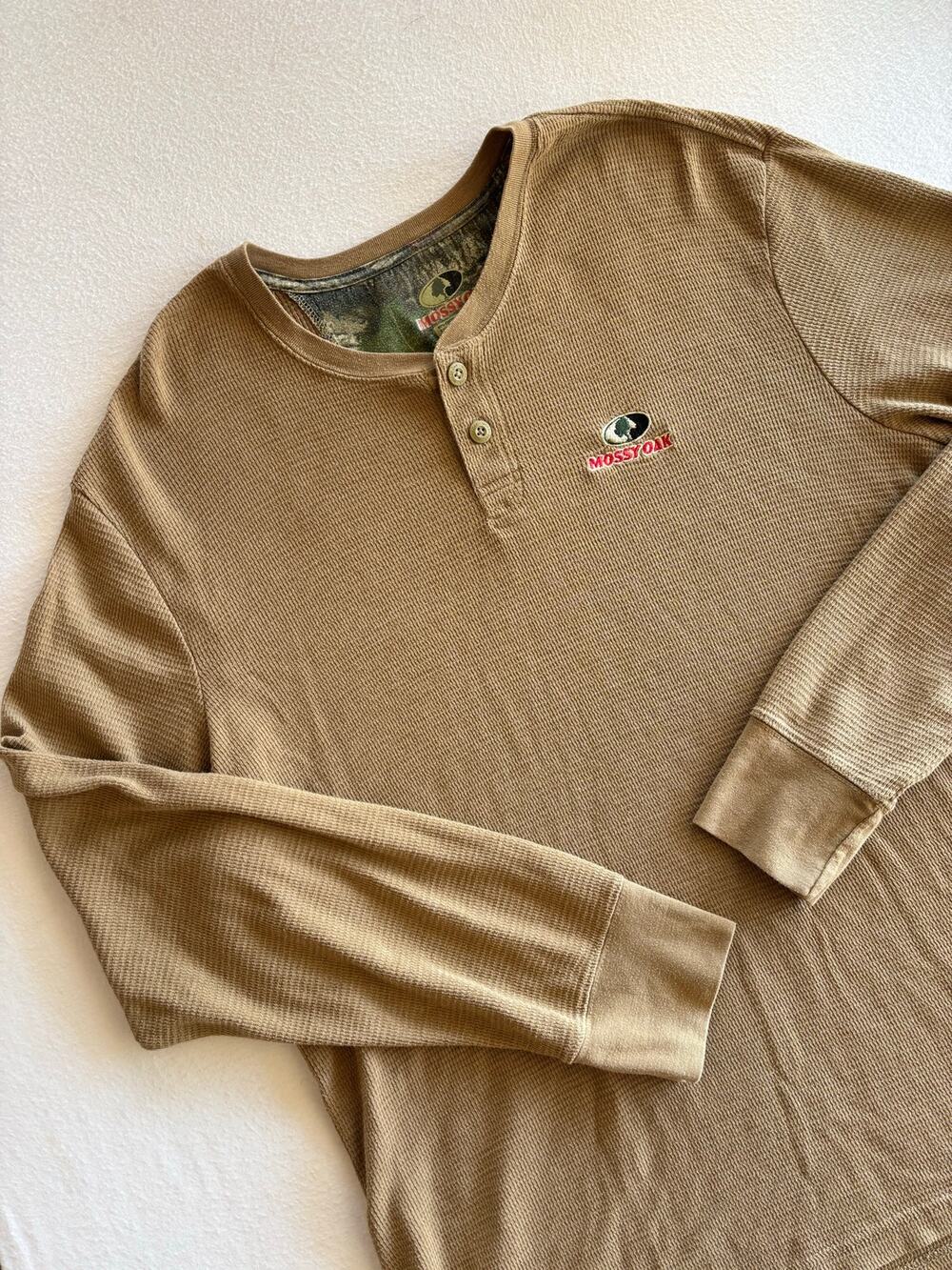 Mossy Oak Waffle Knit Thermal Henley Long Sleeve Shirt 2XL Tan Hunting Outdoors